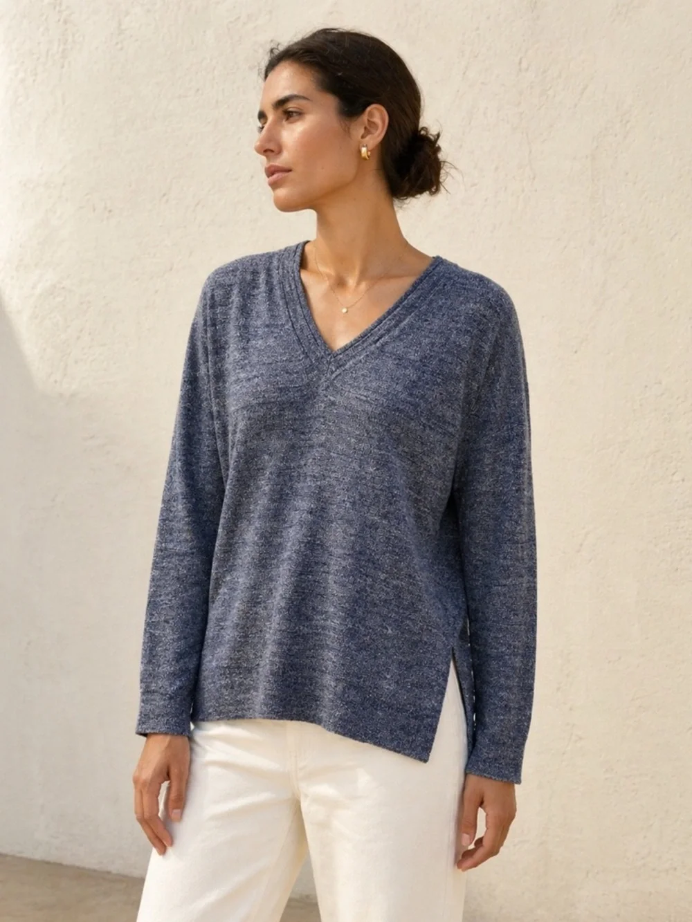 J.Crew Merino Linen Double V Neck Knit Top Sweater Blue Relaxed Small